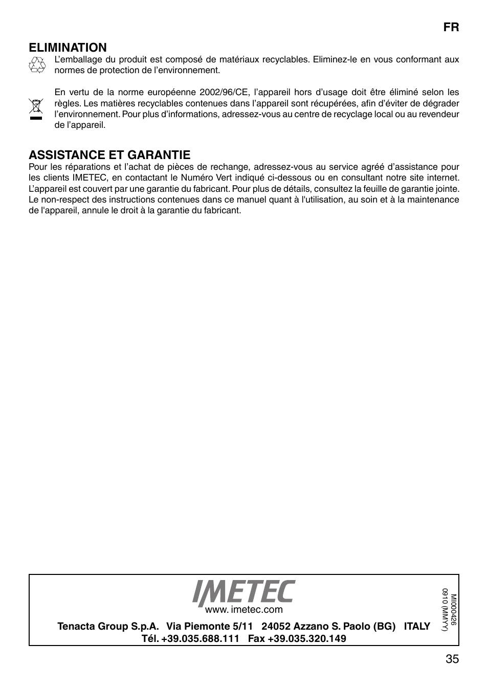 Elimination, Assistance et garantie | Imetec SENSUIJ CM3-200 User Manual | Page 40 / 53
