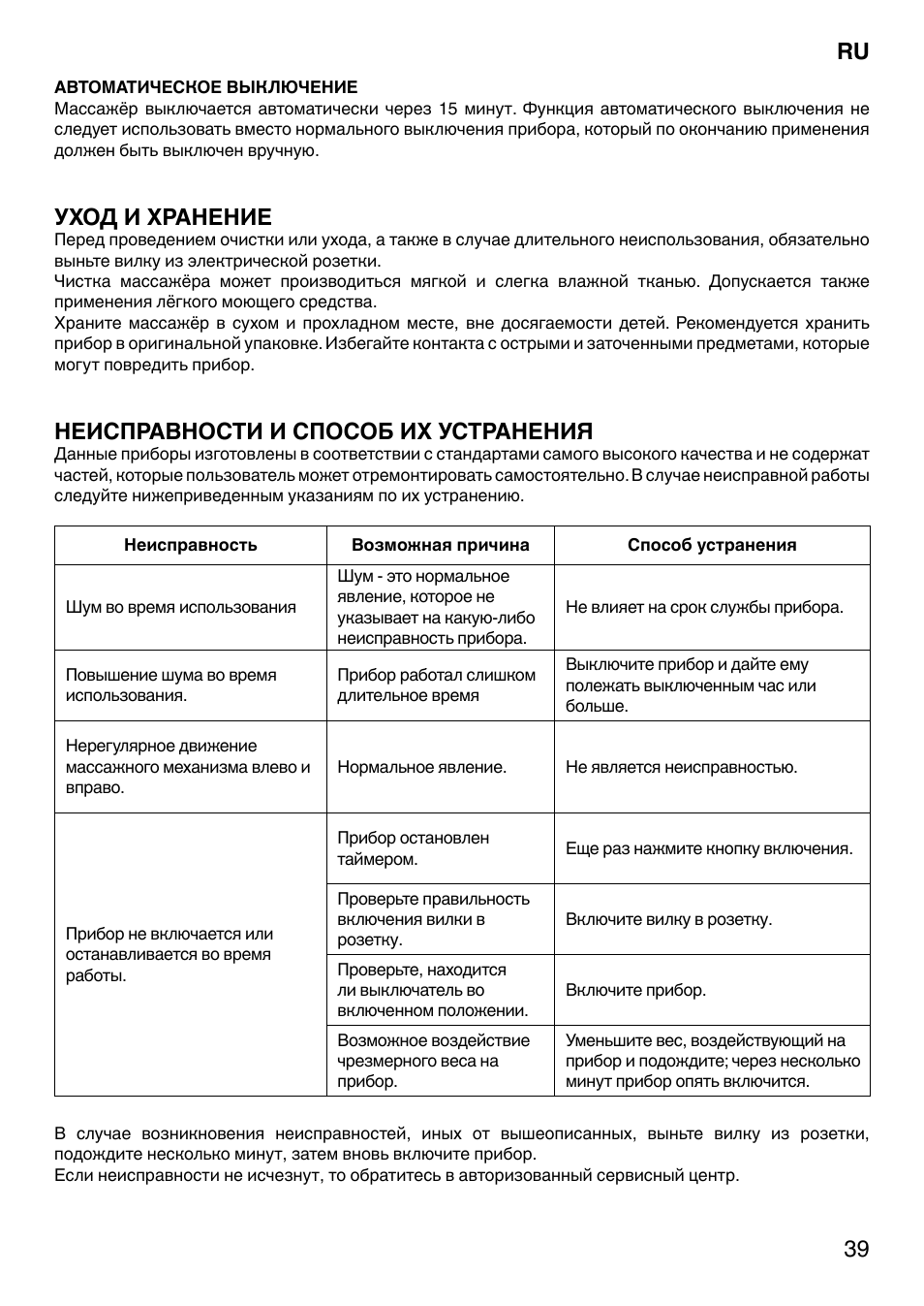 Уход и хранение, Неисправности и способ их устранения | Imetec SENSUIJ CM3-200 User Manual | Page 44 / 53