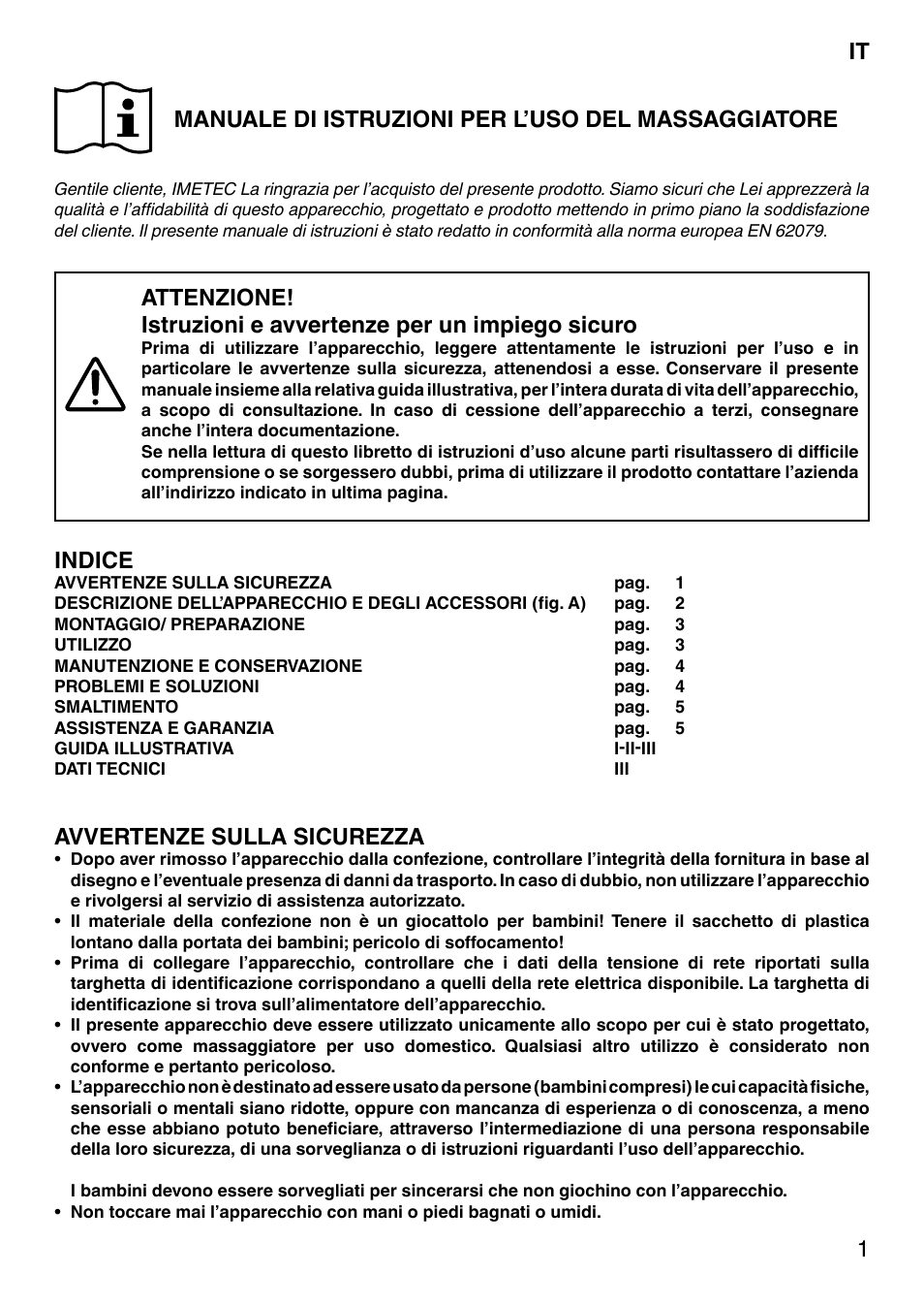 Indice, Avvertenze sulla sicurezza | Imetec SENSUIJ CM3-200 User Manual | Page 6 / 53