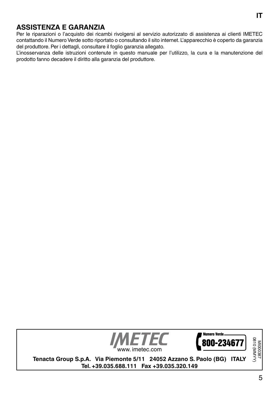It 5, Assistenza e garanzia | Imetec SENSUIJ CM4-200 User Manual | Page 10 / 54