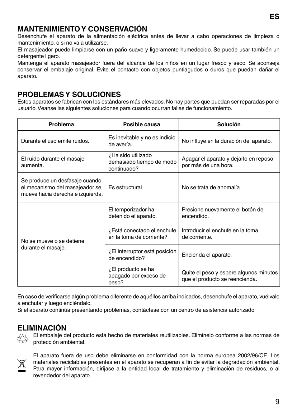 9mantenimiento y conservación, Problemas y soluciones, Eliminación | Imetec SENSUIJ CM4-200 User Manual | Page 14 / 54