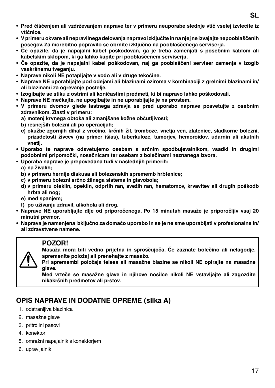 17 sl, Pozor, Opis naprave in dodatne opreme (slika a) | Imetec SENSUIJ CM4-200 User Manual | Page 22 / 54