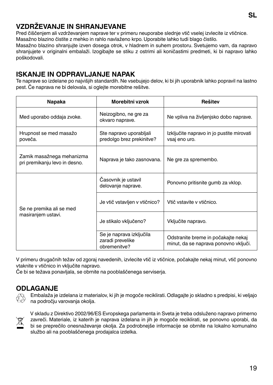 19 sl vzdrževanje in shranjevane, Iskanje in odpravljanje napak, Odlaganje | Imetec SENSUIJ CM4-200 User Manual | Page 24 / 54