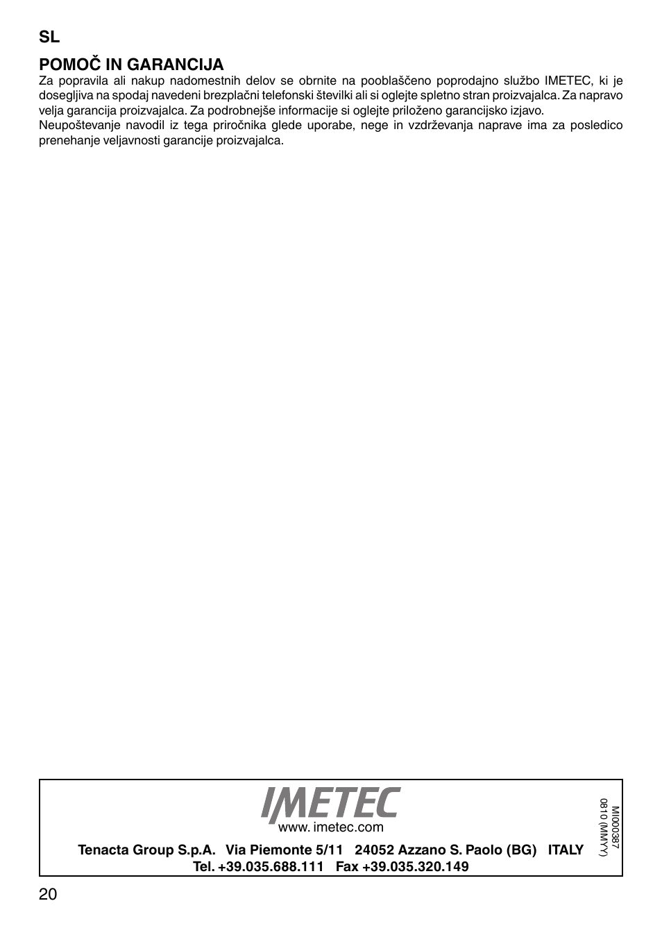 20 sl, Pomoč in garancija | Imetec SENSUIJ CM4-200 User Manual | Page 25 / 54