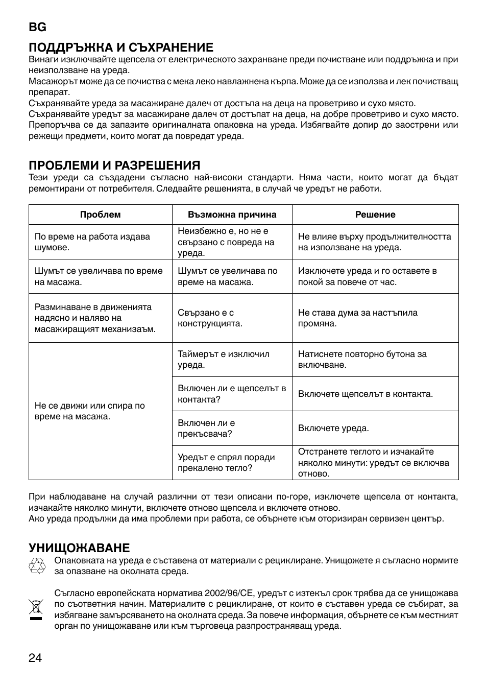 24 поддръжка и съхранение, Проблеми и разрешения, Унищожаване | Imetec SENSUIJ CM4-200 User Manual | Page 29 / 54