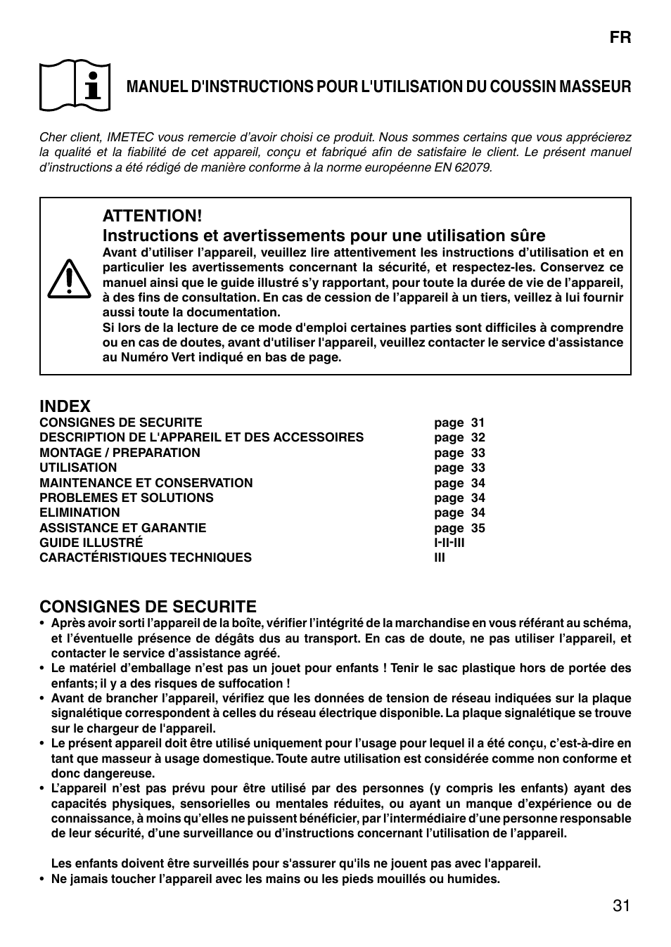 Index, Consignes de securite | Imetec SENSUIJ CM4-200 User Manual | Page 36 / 54