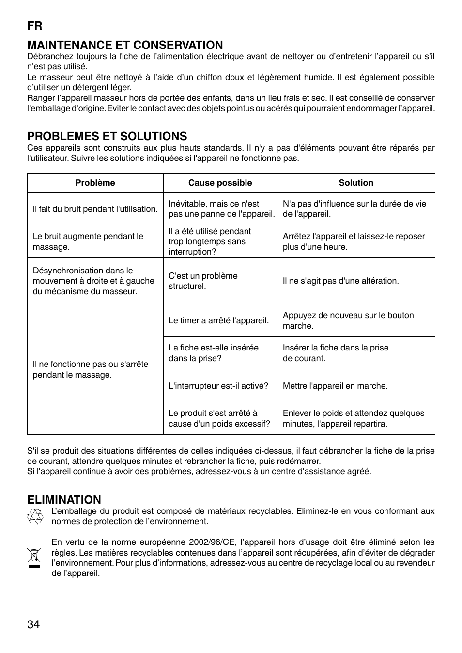34 maintenance et conservation, Problemes et solutions, Elimination | Imetec SENSUIJ CM4-200 User Manual | Page 39 / 54