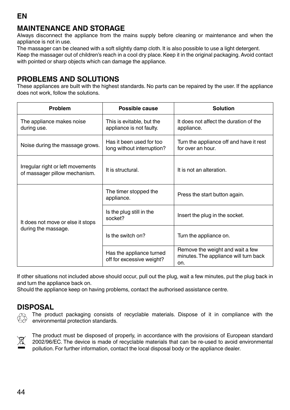 44 maintenance and storage, Problems and solutions, Disposal | Imetec SENSUIJ CM4-200 User Manual | Page 49 / 54