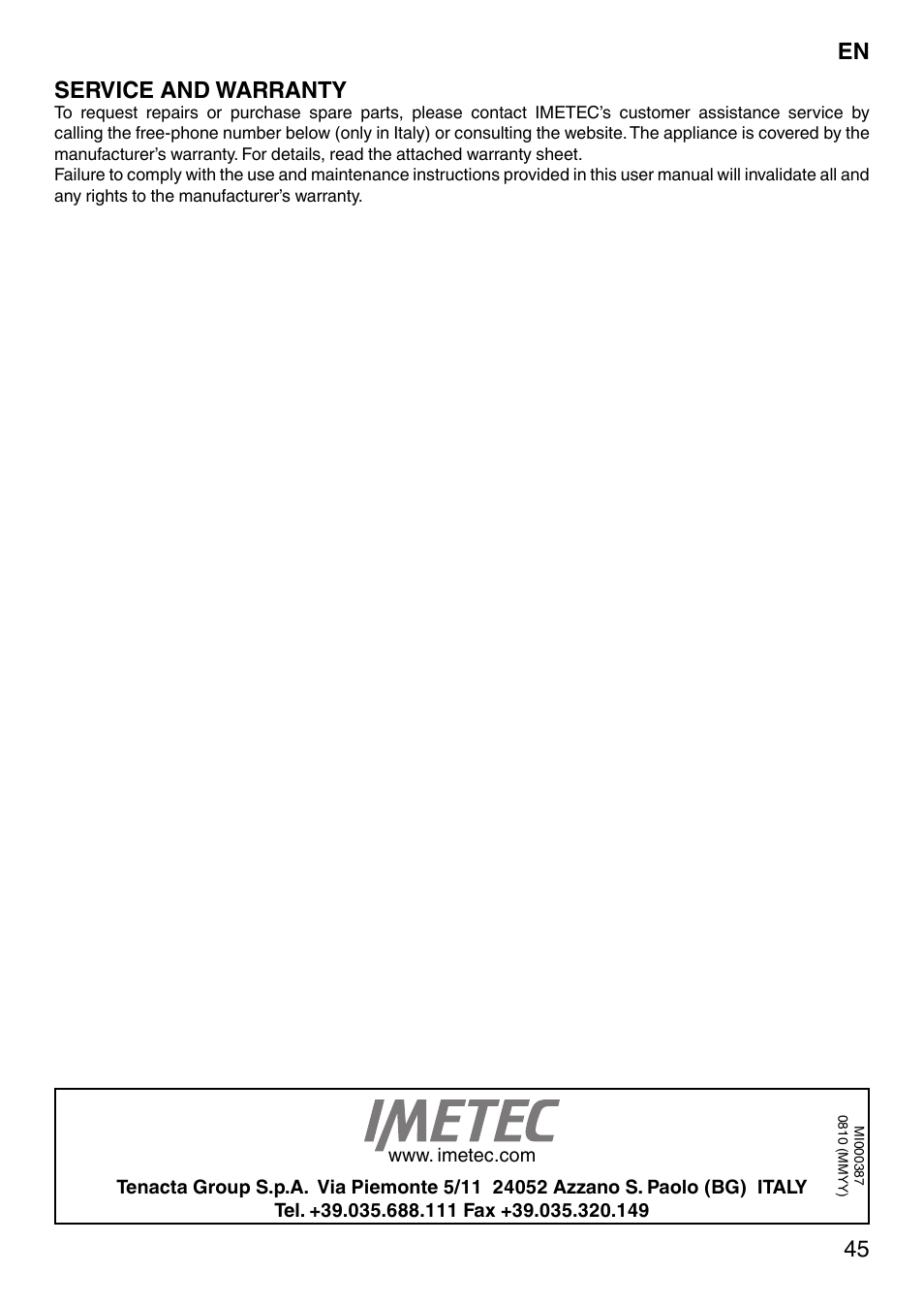 Service and warranty | Imetec SENSUIJ CM4-200 User Manual | Page 50 / 54