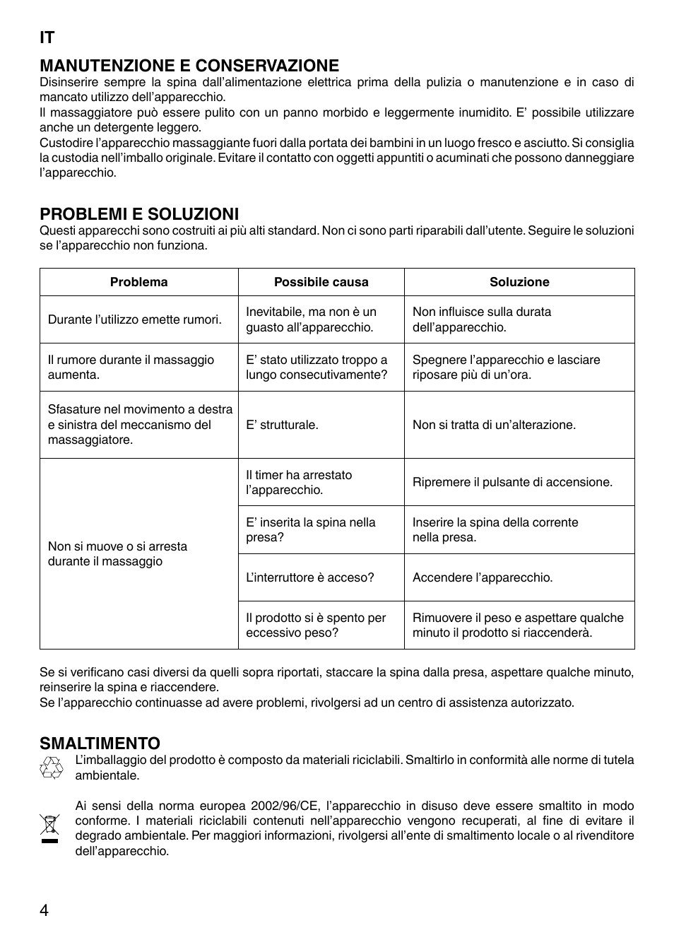 It 4 manutenzione e conservazione, Problemi e soluzioni, Smaltimento | Imetec SENSUIJ CM4-200 User Manual | Page 9 / 54