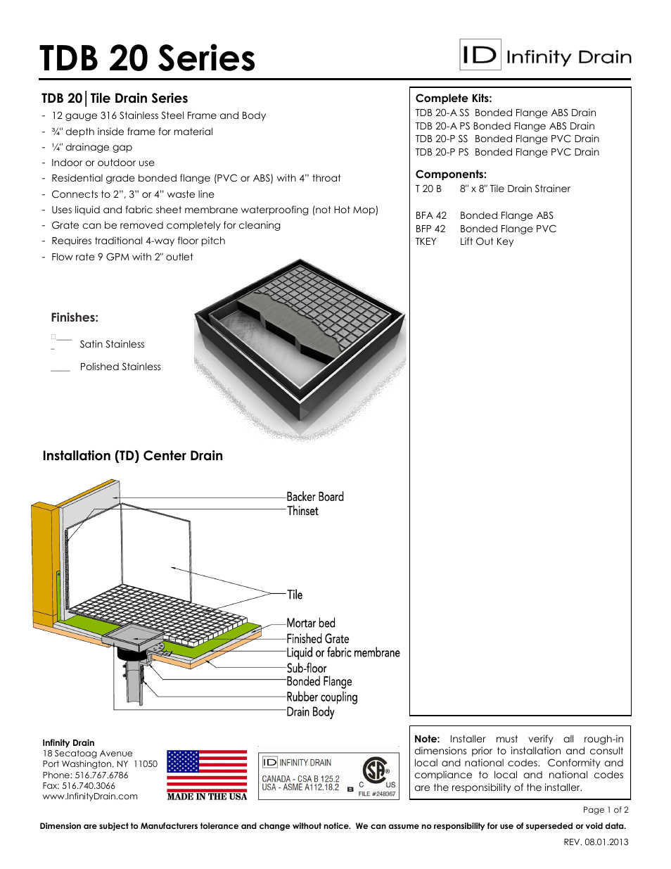 Infinity Drain TDB 20 Series Submittal Sheet User Manual | 2 pages