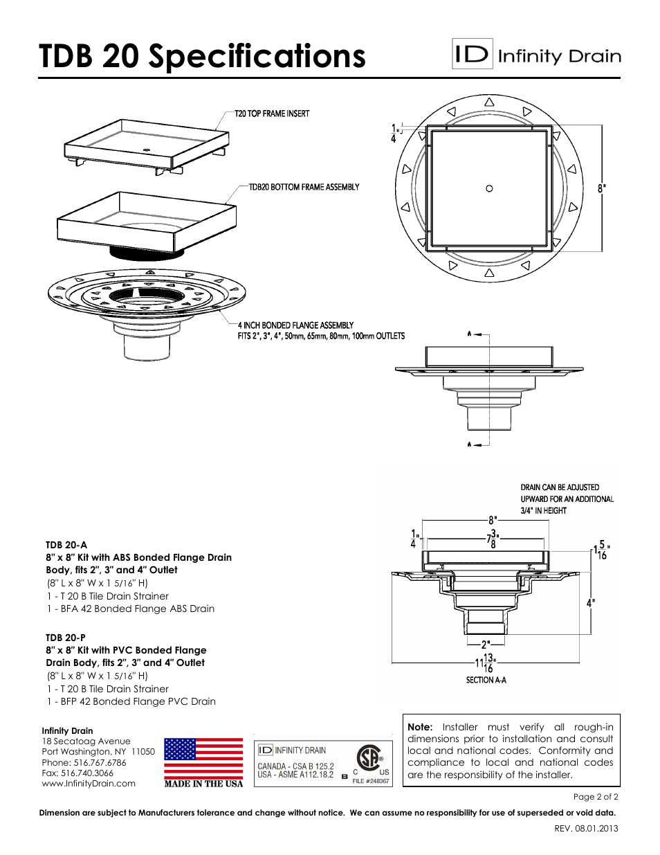 Tdb 20 specifications | Infinity Drain TDB 20 Series Submittal Sheet User Manual | Page 2 / 2