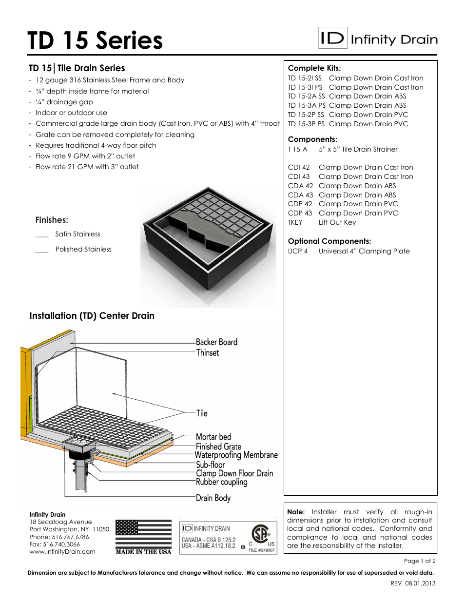 Infinity Drain TD 15-3 Series Submittal Sheet User Manual | 2 pages