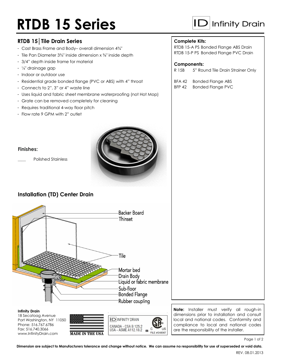 Infinity Drain RTDB 15 Series Submittal Sheet User Manual | 2 pages