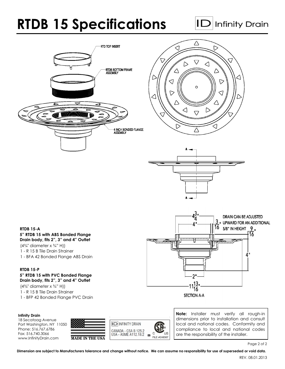 Rtdb 15 specifications | Infinity Drain RTDB 15 Series Submittal Sheet User Manual | Page 2 / 2