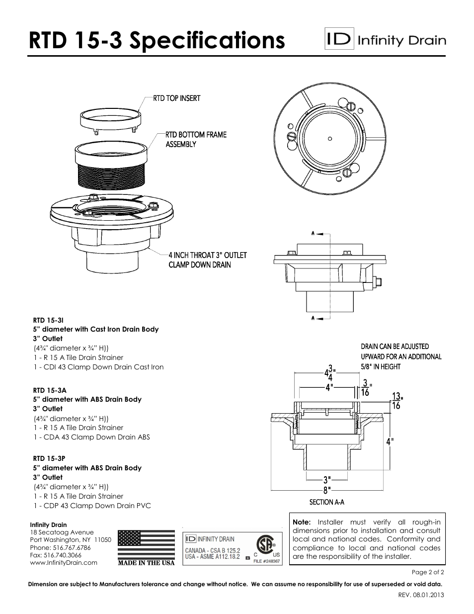 Rtd 15-3 specifications | Infinity Drain RTD 15-3 Series Submittal Sheet User Manual | Page 2 / 2