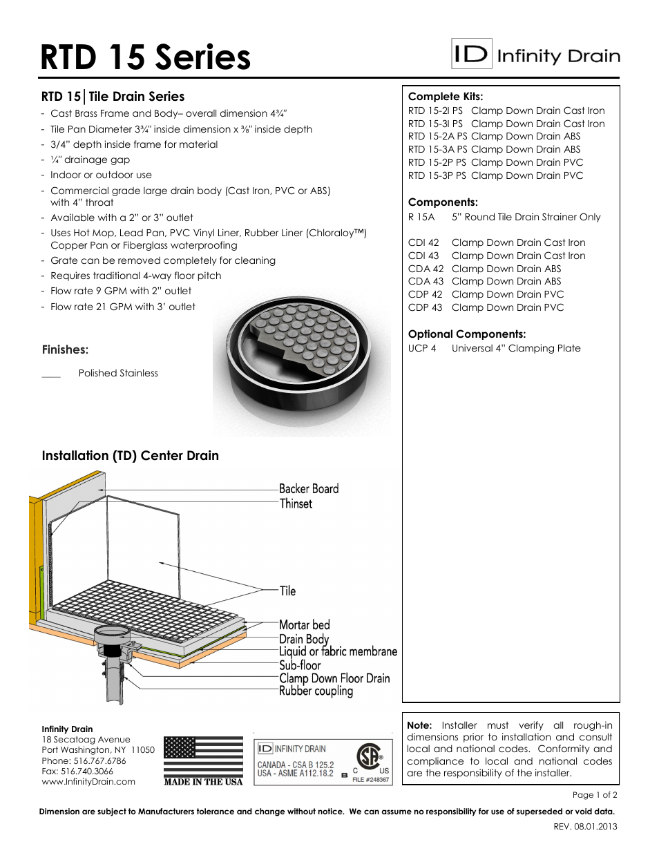 Infinity Drain RTD 15 Series Submittal Sheet User Manual | 2 pages