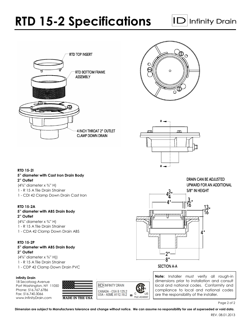 Rtd 15-2 specifications | Infinity Drain RTD 15 Series Submittal Sheet User Manual | Page 2 / 2
