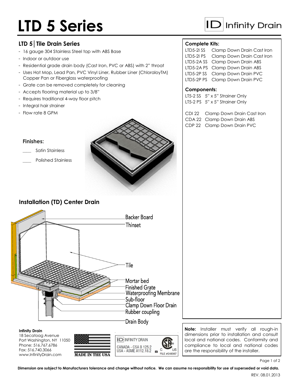 Infinity Drain LT5-2 Series Submittal Sheet User Manual | 2 pages