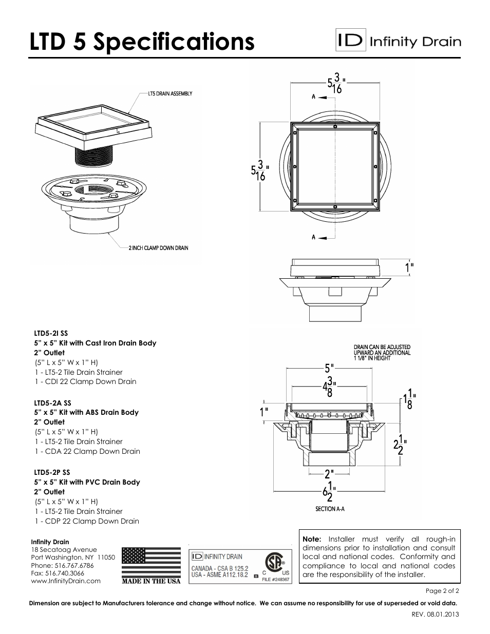 Ltd 5 specifications | Infinity Drain LT5-2 Series Submittal Sheet User Manual | Page 2 / 2