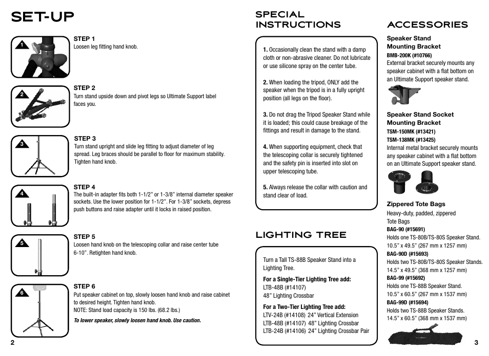 Set-up, Special instructions lighting tree accessories | Ultimate Support TS-88B User Manual | Page 2 / 2