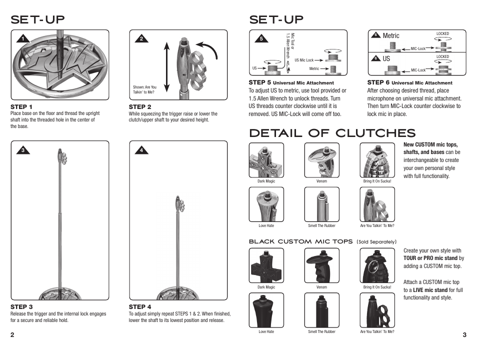 Set-up, Set-up detail of clutches | Ultimate Support BRING IT ON SUCKA! User Manual | Page 2 / 2