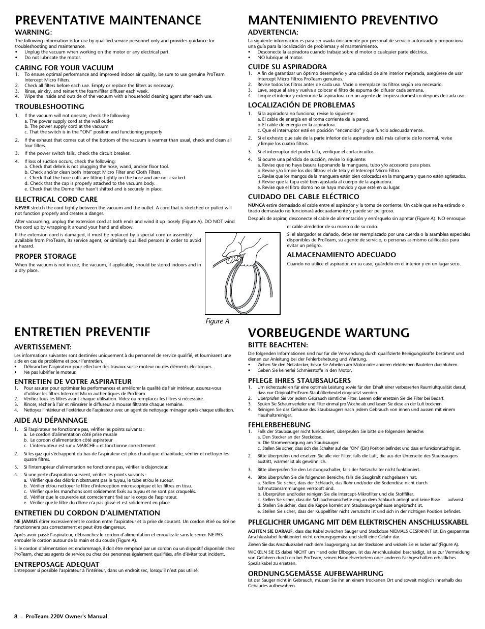 Vorbeugende wartung, Preventative maintenance, Mantenimiento preventivo | Entretien preventif, Bitte beachten, Pflege ihres staubsaugers, Fehlerbehebung, Ordnungsgemässe aufbewahrung, Warning, Caring for your vacuum | ProTeam Super QuarterVac 220V User Manual | Page 10 / 20