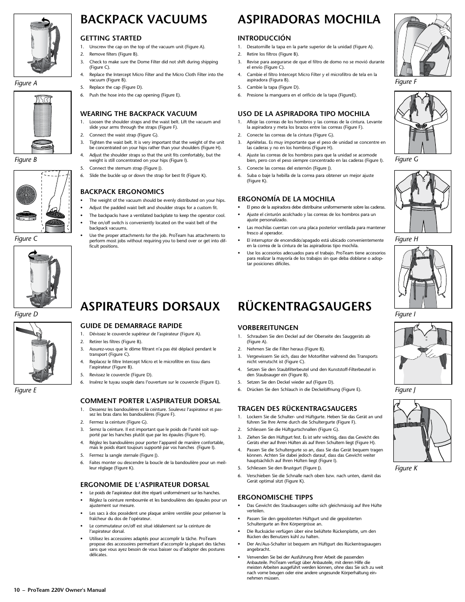 Backpack vacuums, Aspiradoras mochila, Aspirateurs dorsaux | Rückentragsaugers, Getting started, Wearing the backpack vacuum, Backpack ergonomics, Figure a figure b figure c figure d figure e, Introducción, Uso de la aspiradora tipo mochila | ProTeam Super QuarterVac 220V User Manual | Page 12 / 20