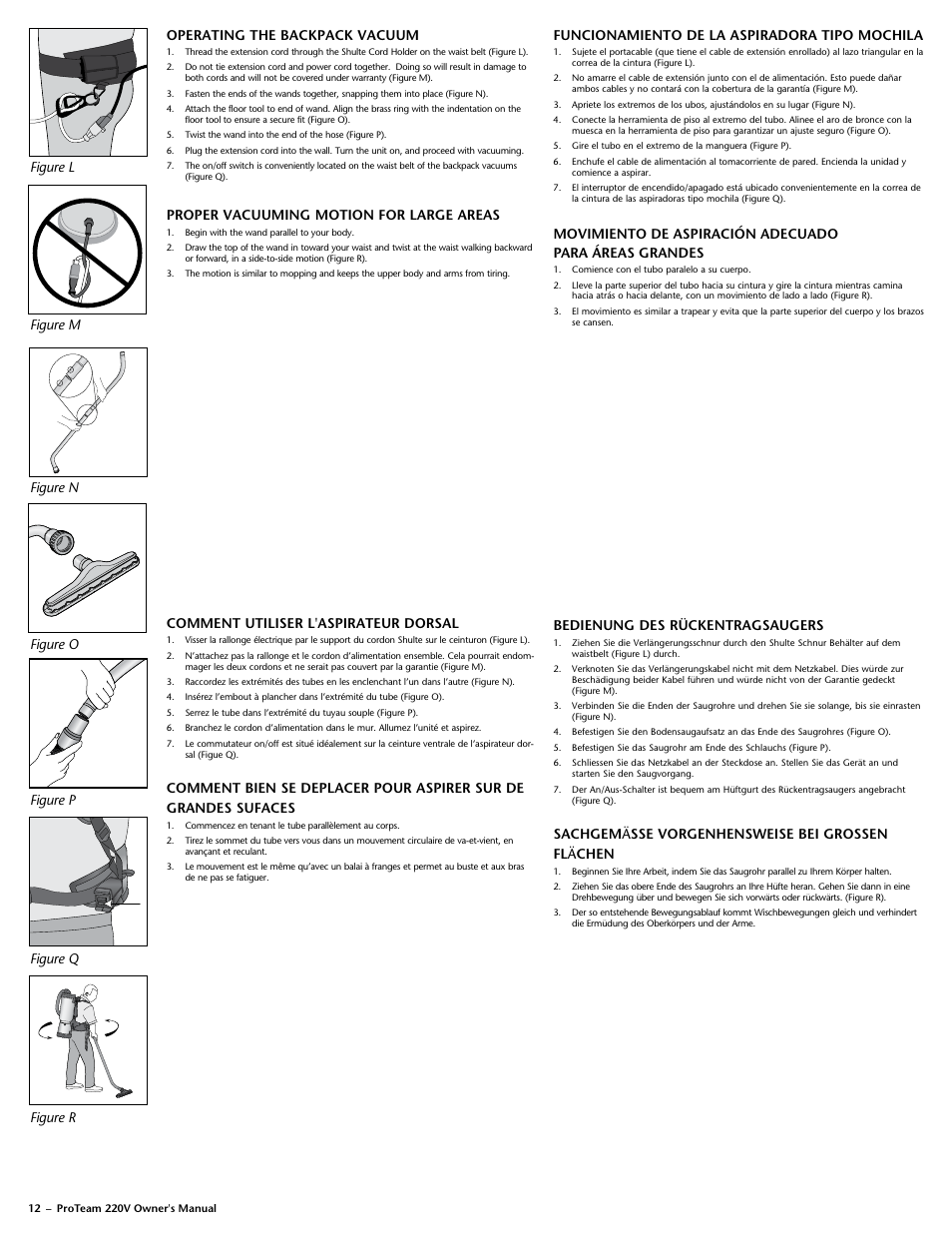 Operating the backpack vacuum, Proper vacuuming motion for large areas, Comment utiliser l'aspirateur dorsal | Bedienung des rückentragsaugers | ProTeam Super QuarterVac 220V User Manual | Page 14 / 20