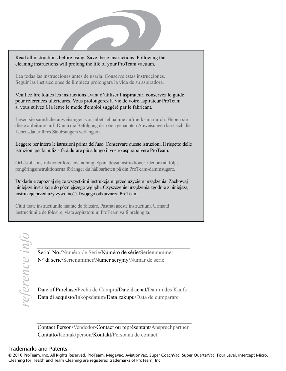 Refer ence info | ProTeam Super QuarterVac 220V User Manual | Page 2 / 20