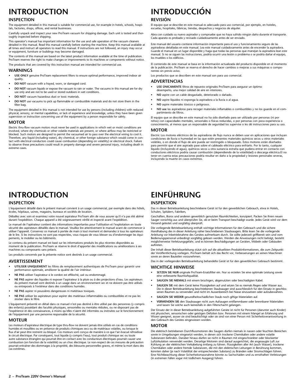 Introducción, Introduction, Einführung | Revisión, Advertencias, Motor, Inspection, Avertissement, Moteur, Warnings | ProTeam Super QuarterVac 220V User Manual | Page 4 / 20