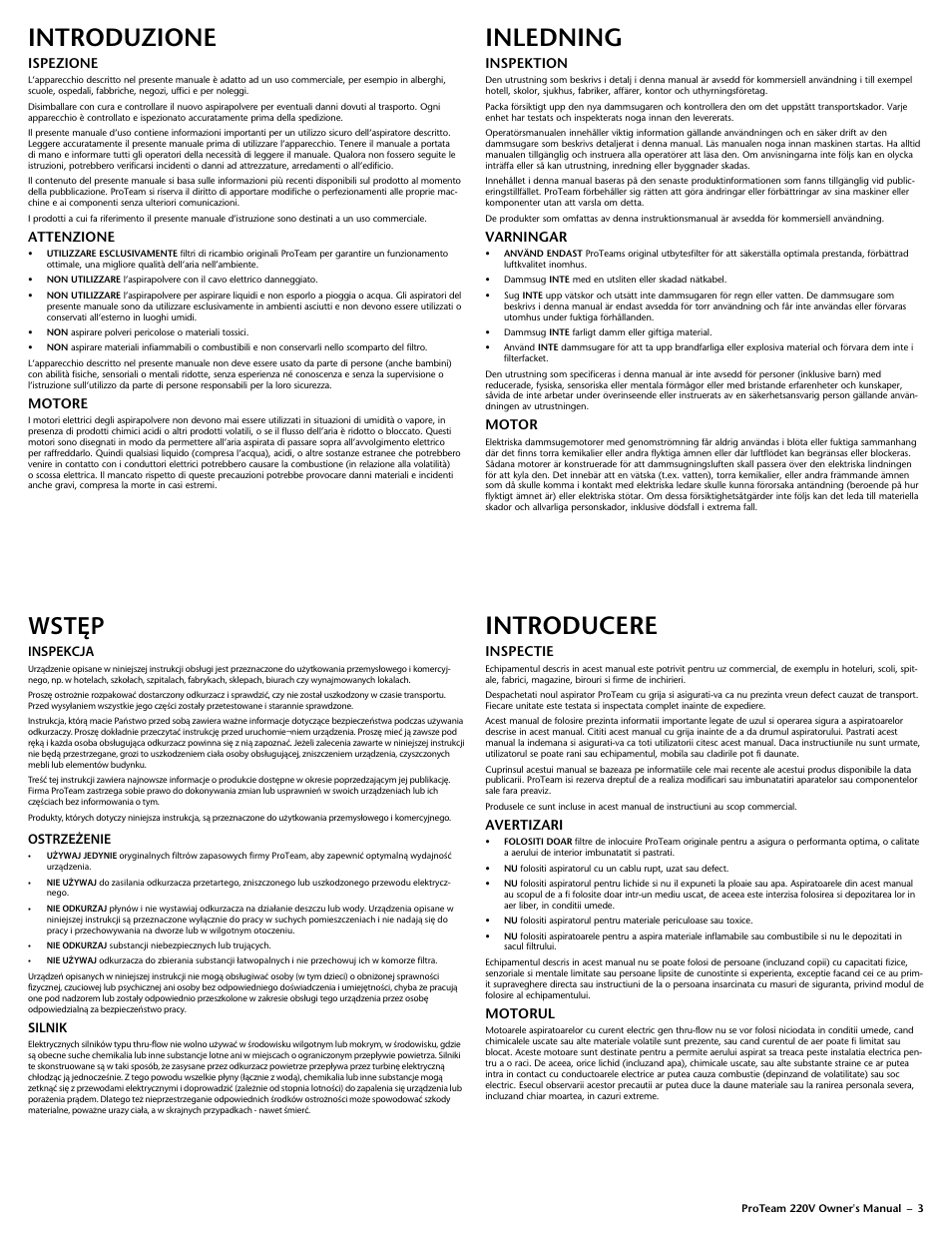 Inledning, Wstęp, Introduzione | Introducere, Inspektion, Varningar, Motor, Inspekcja, Ostrzeżenie, Silnik | ProTeam Super QuarterVac 220V User Manual | Page 5 / 20
