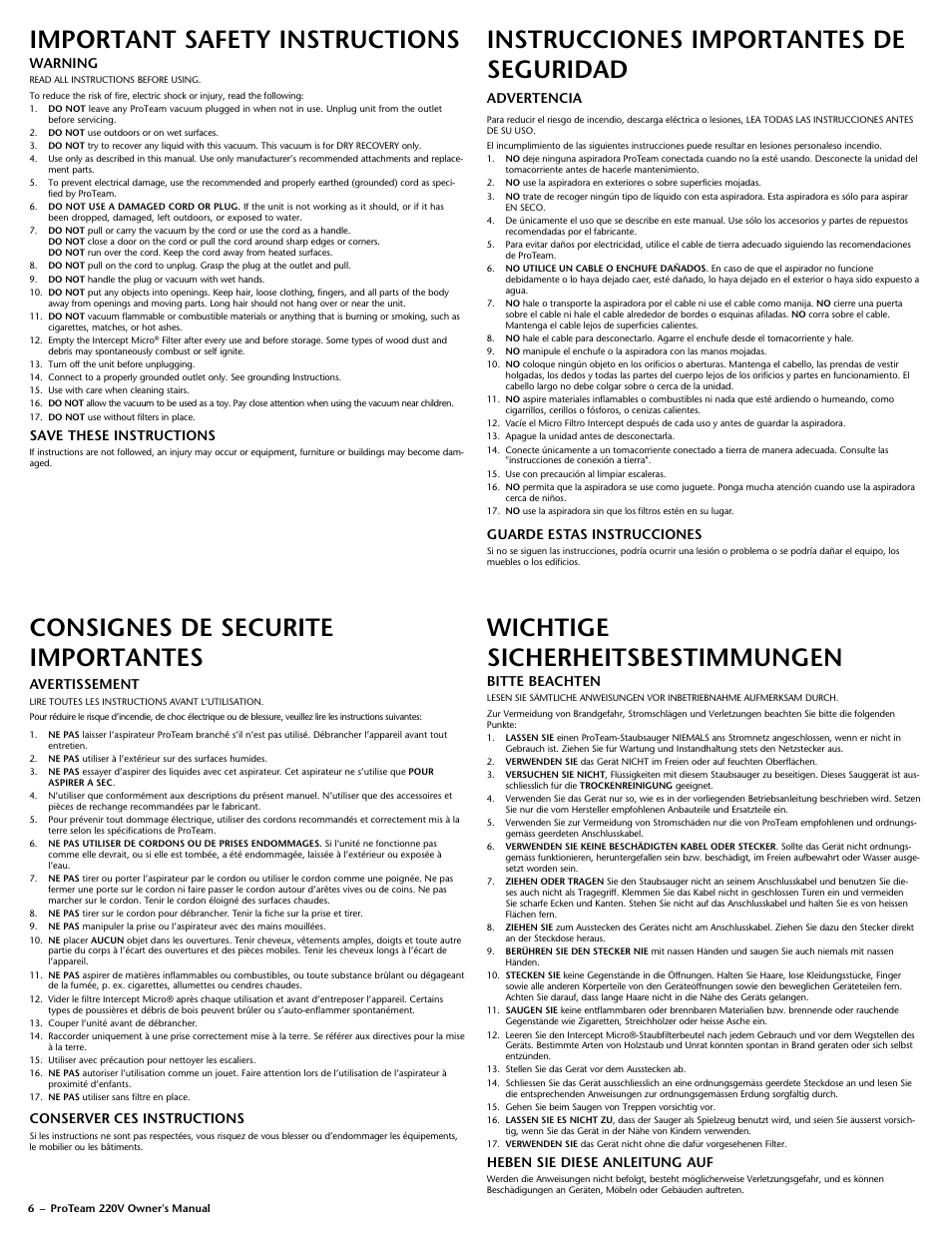 Important safety instructions, Instrucciones importantes de seguridad, Consignes de securite importantes | Wichtige sicherheitsbestimmungen, Warning, Save these instructions, Advertencia, Guarde estas instrucciones, Avertissement, Conserver ces instructions | ProTeam Super QuarterVac 220V User Manual | Page 8 / 20