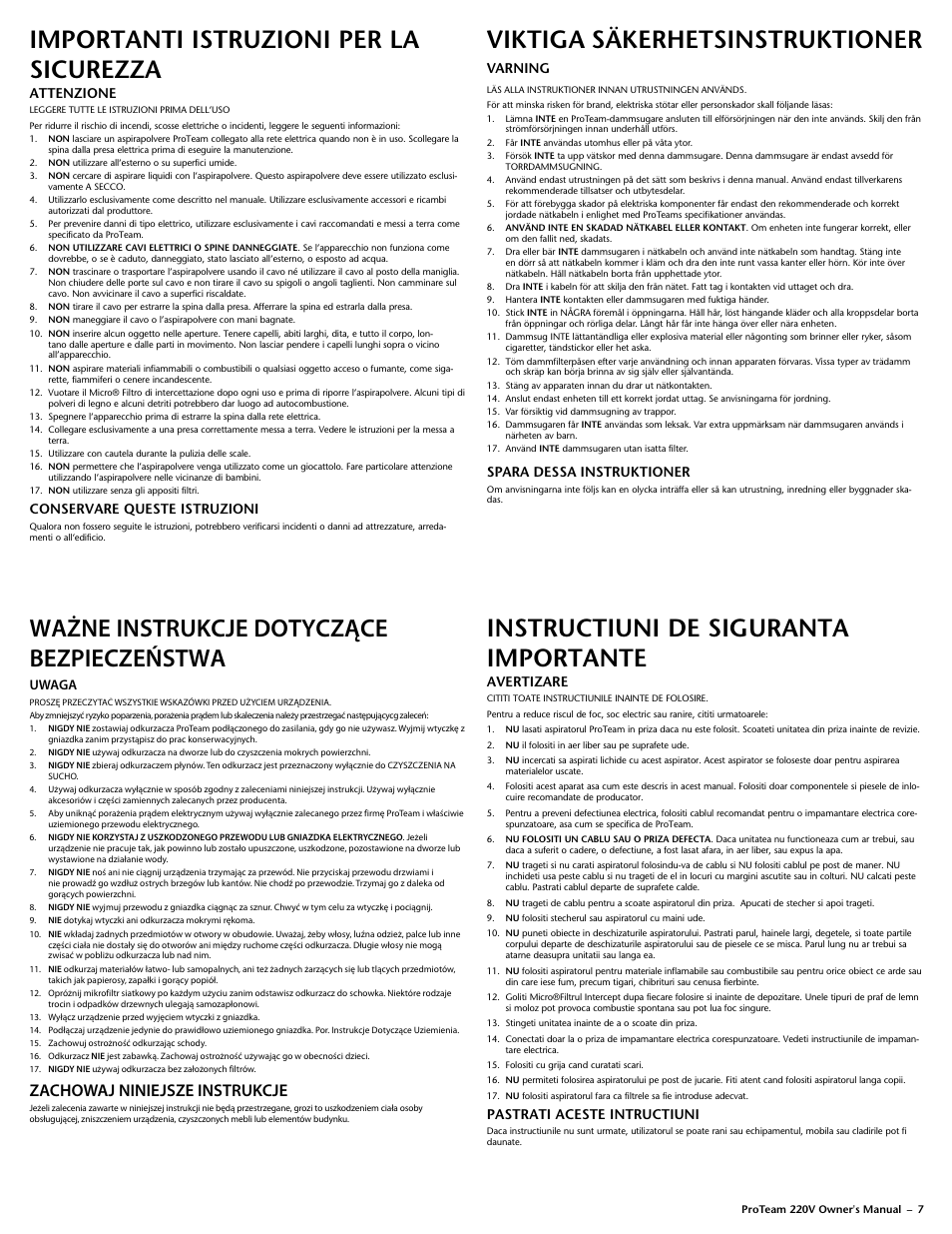 Importanti istruzioni per la sicurezza, Viktiga säkerhetsinstruktioner, Ważne instrukcje dotyczące bezpieczeństwa | Instructiuni de siguranta importante, Zachowaj niniejsze instrukcje, Attenzione, Conservare queste istruzioni, Varning, Spara dessa instruktioner, Uwaga | ProTeam Super QuarterVac 220V User Manual | Page 9 / 20