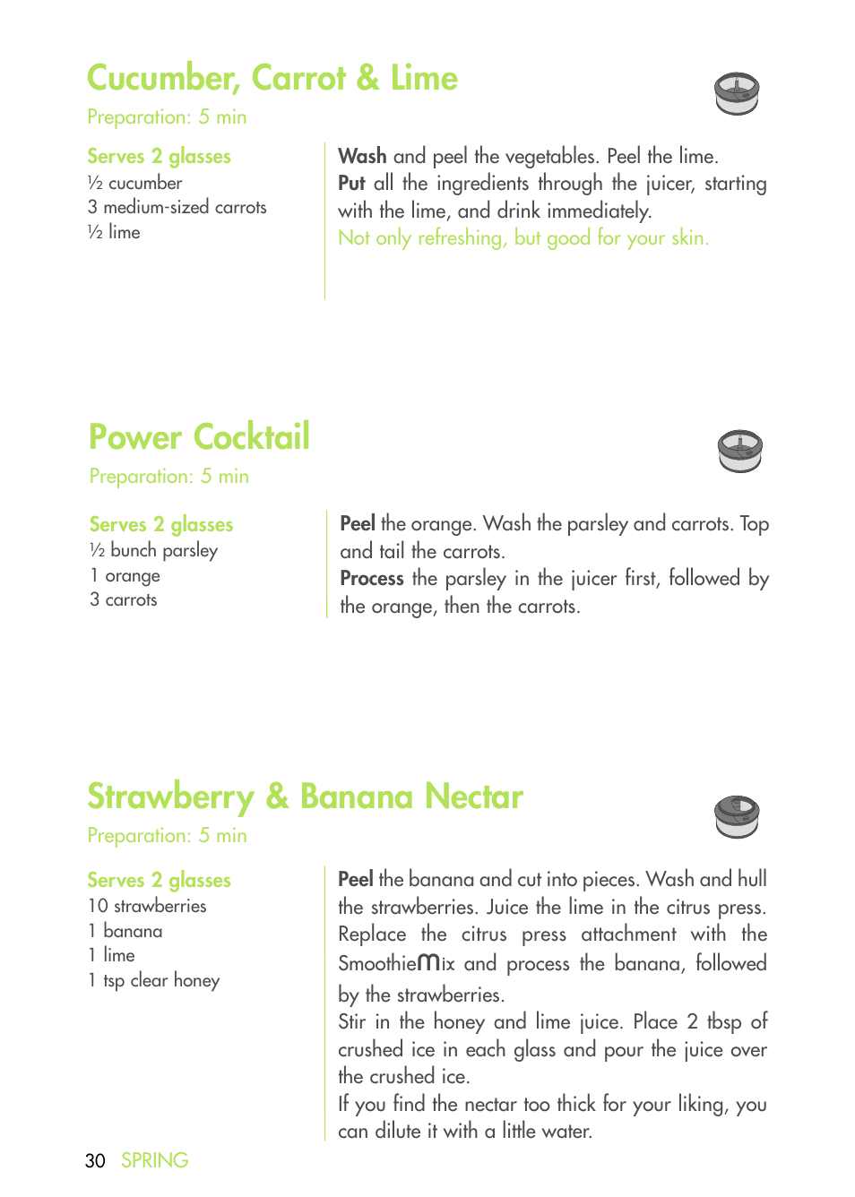 Cucumber, carrot & lime, Strawberry & banana nectar, Power cocktail | Magimix DUO PLUS XL User Manual | Page 32 / 84
