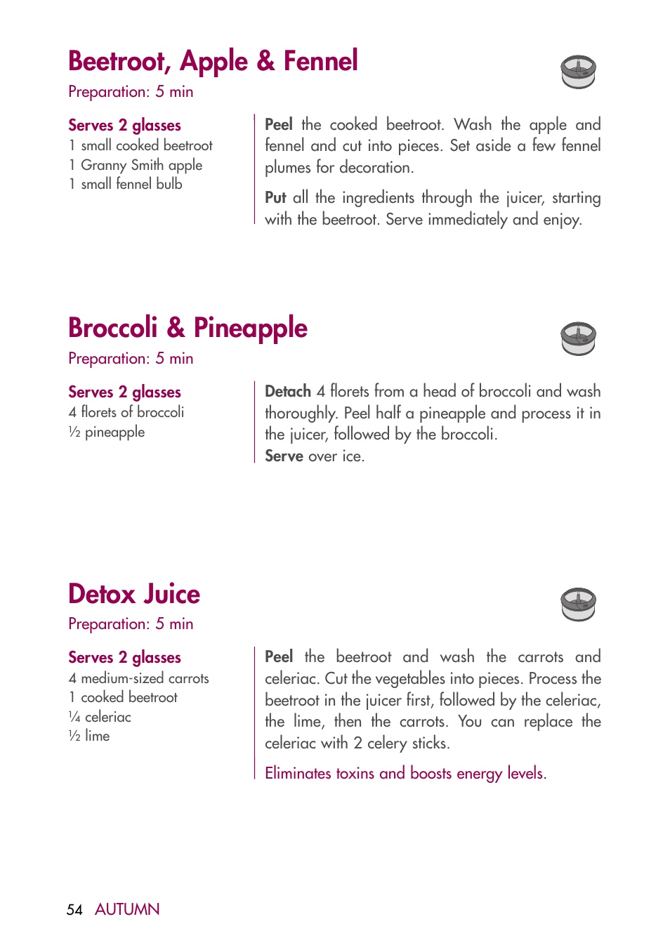 Beetroot, apple & fennel, Broccoli & pineapple, Detox juice | Magimix DUO PLUS XL User Manual | Page 56 / 84