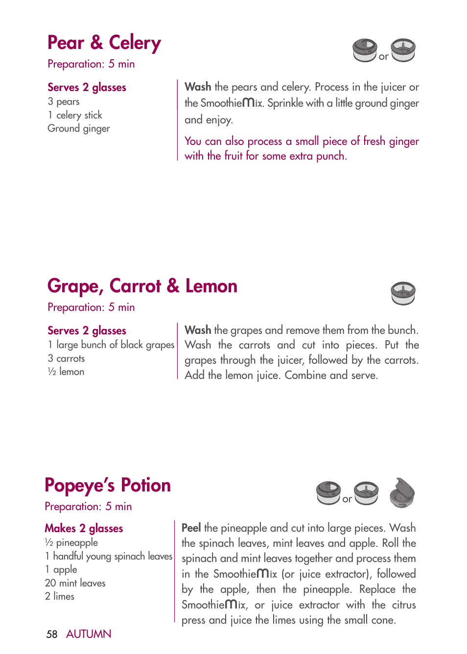 Pear & celery, Grape, carrot & lemon, Popeye’s potion | Magimix DUO PLUS XL User Manual | Page 60 / 84