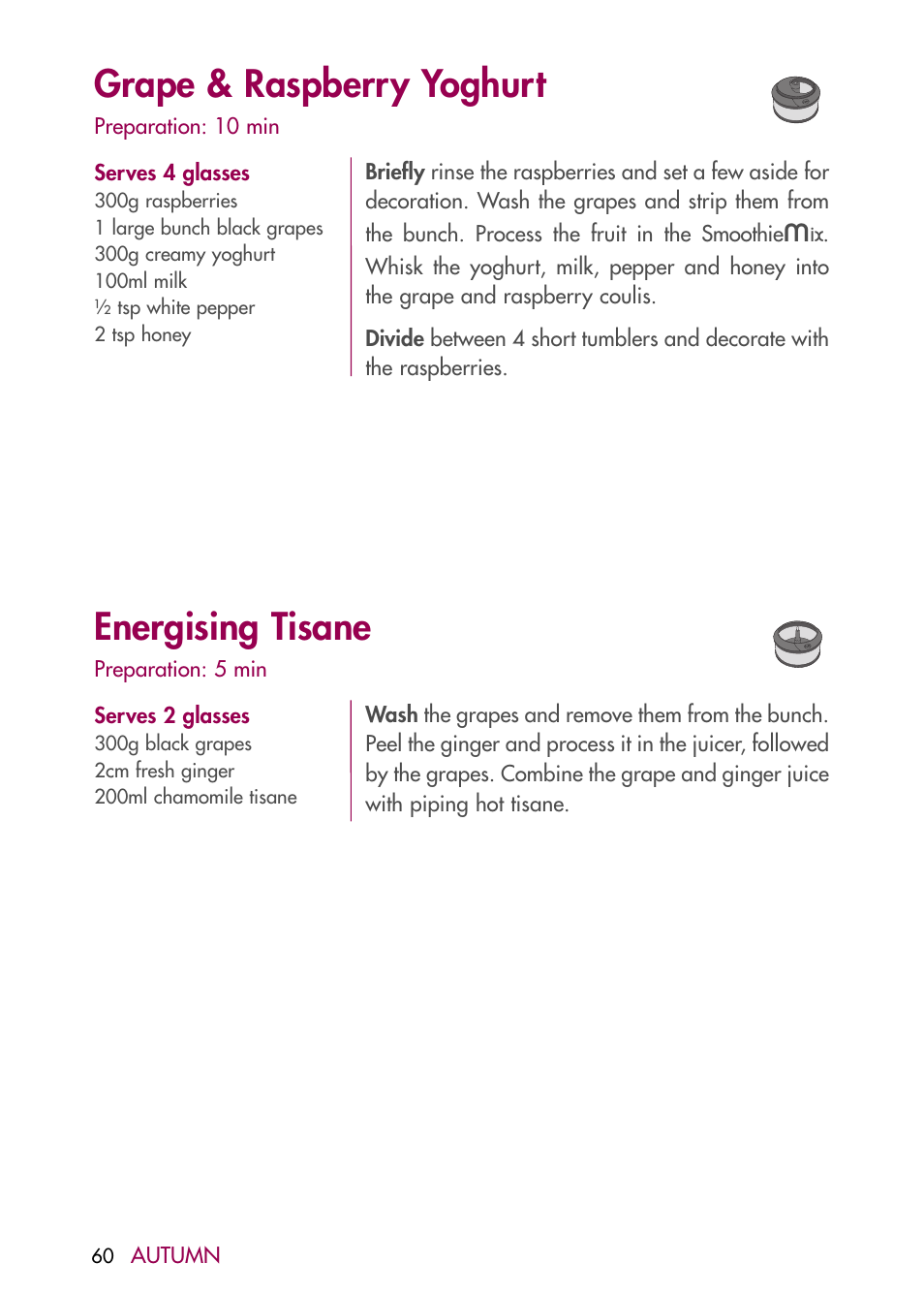 Grape & raspberry yoghurt, Energising tisane | Magimix DUO PLUS XL User Manual | Page 62 / 84