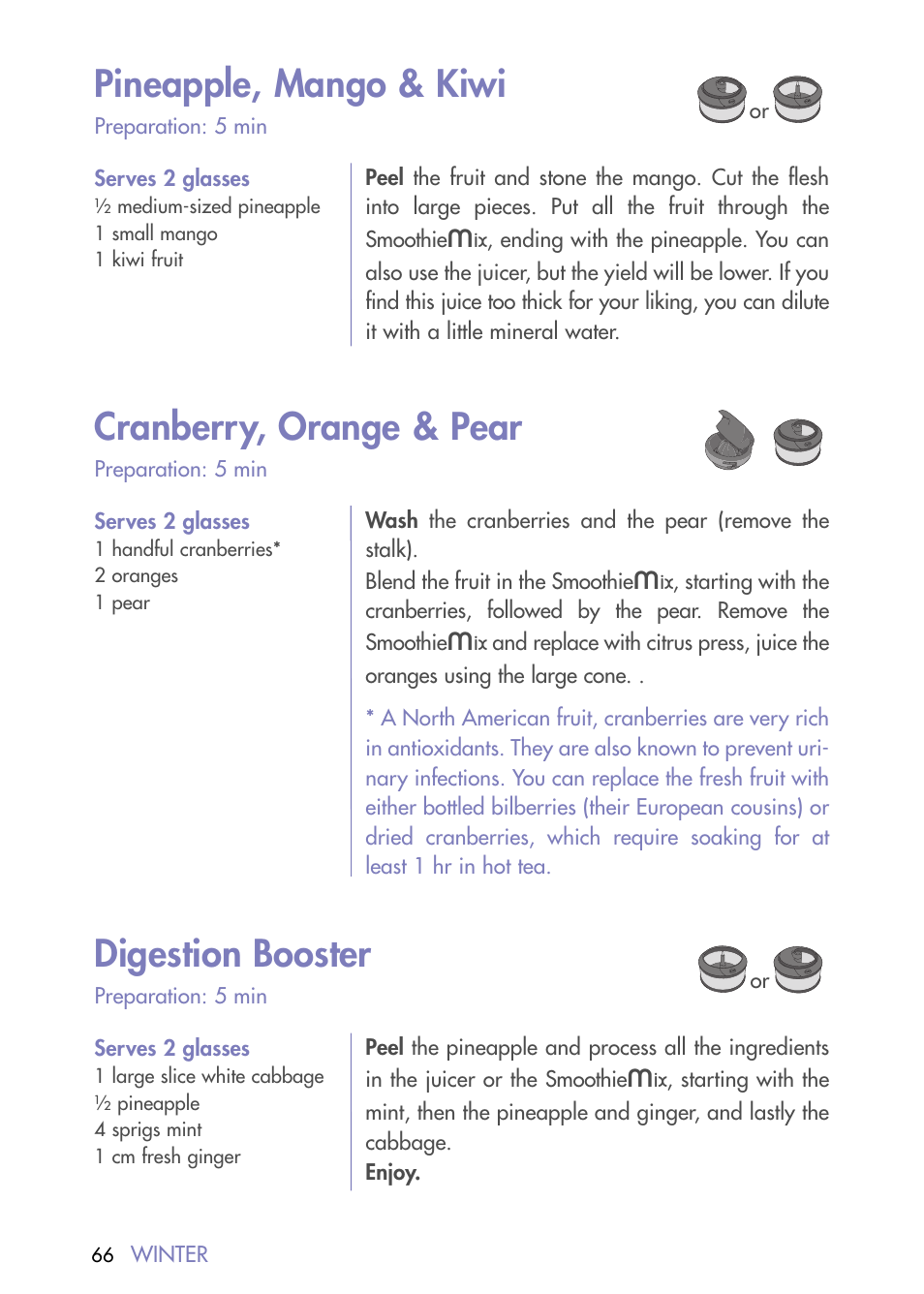 Pineapple, mango & kiwi, Cranberry, orange & pear, Digestion booster | Magimix DUO PLUS XL User Manual | Page 68 / 84