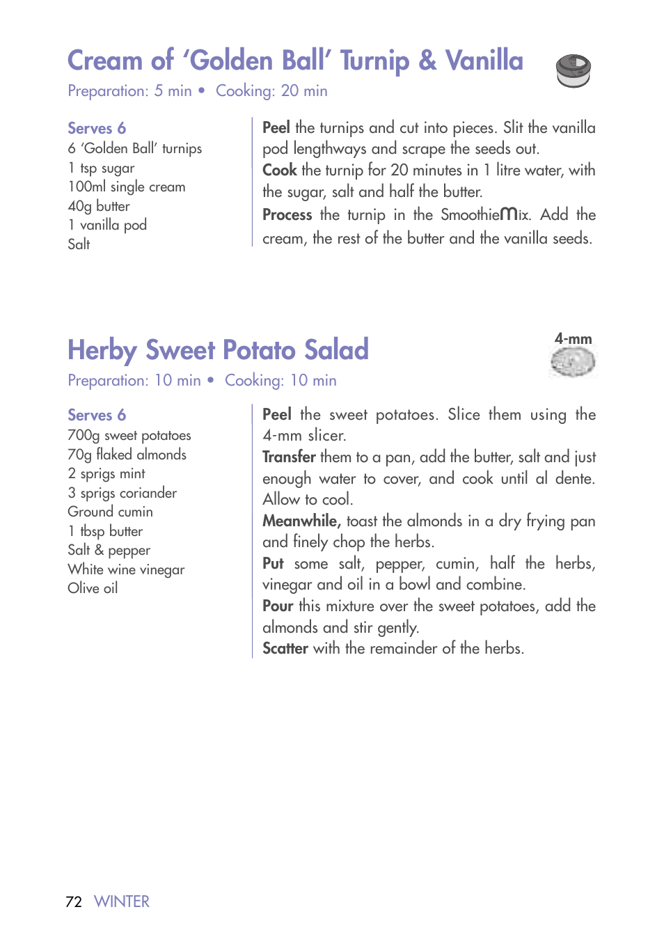 Cream of ‘golden ball’ turnip & vanilla, Herby sweet potato salad | Magimix DUO PLUS XL User Manual | Page 74 / 84