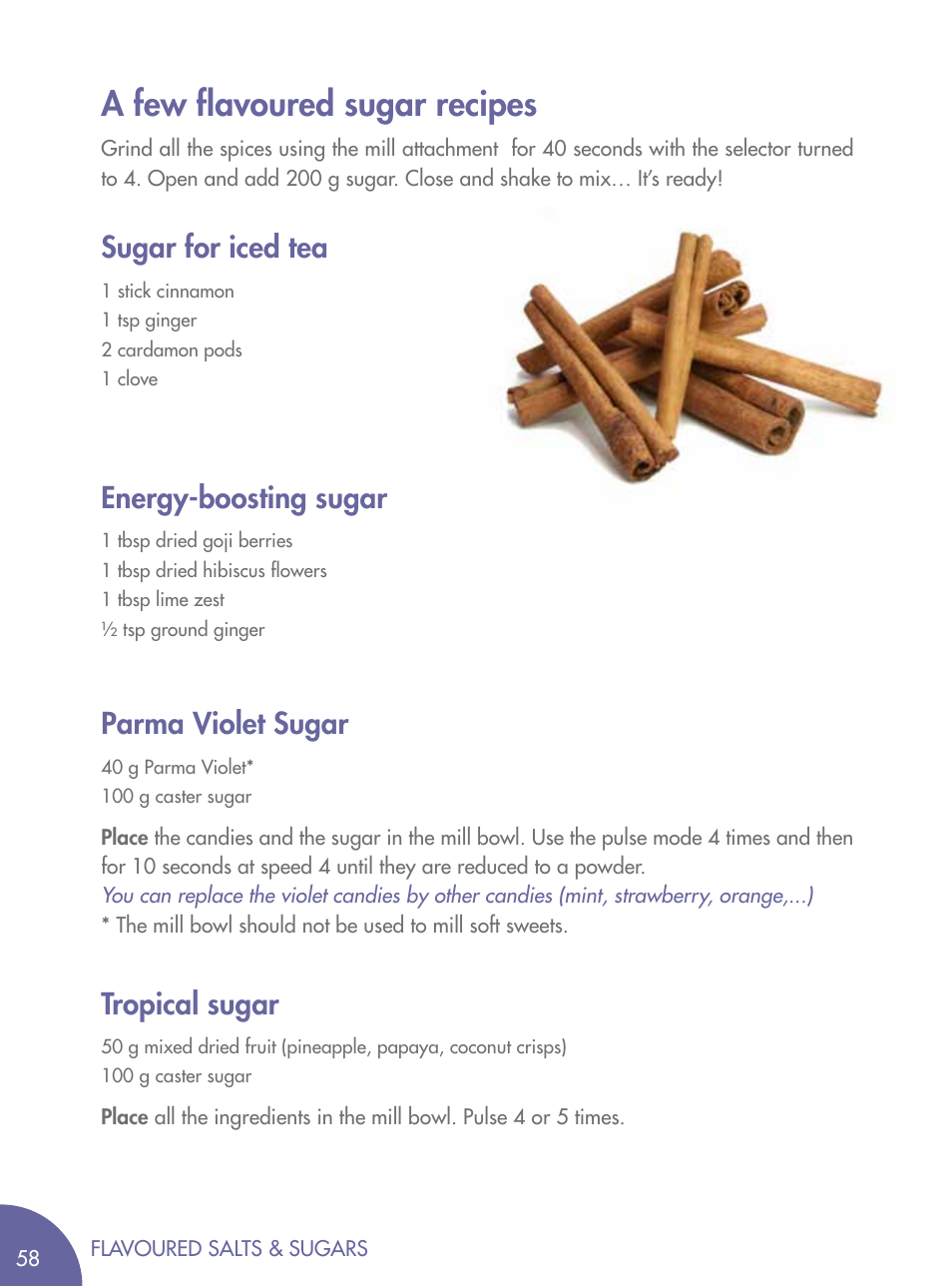 A few flavoured sugar recipes, Sugar for iced tea, Energy-boosting sugar | Parma violet sugar, Tropical sugar | Magimix BLENDER User Manual | Page 59 / 65