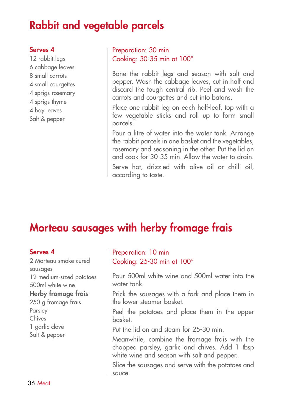 Rabbit and vegetable parcels, Morteau sausages with herby fromage frais | Magimix MULTIFUNCTION STEAMER User Manual | Page 38 / 68