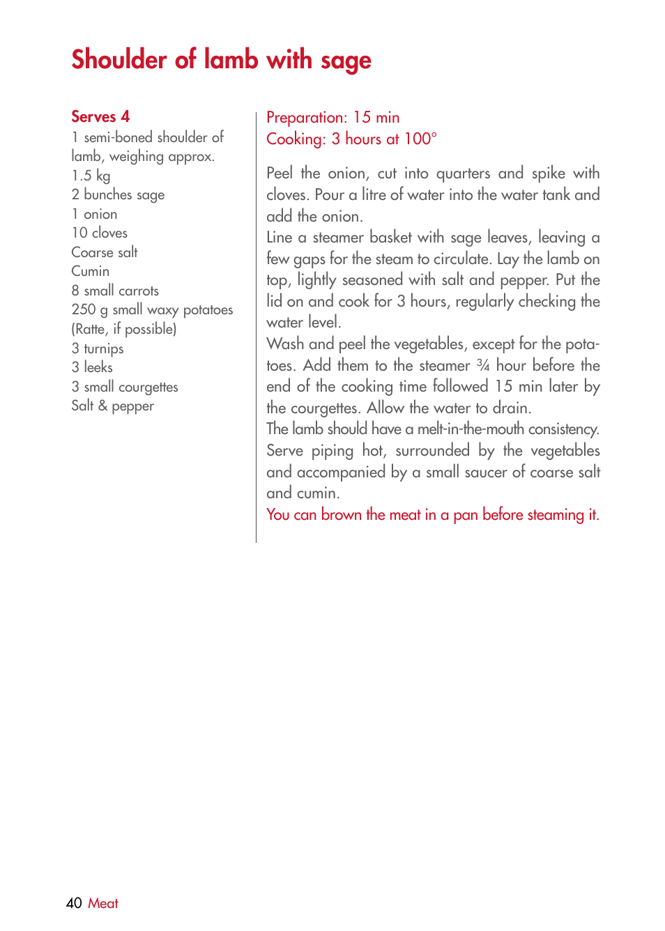 Shoulder of lamb with sage | Magimix MULTIFUNCTION STEAMER User Manual | Page 42 / 68