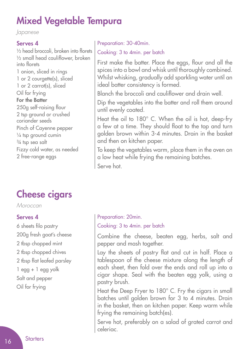 Cheese cigars, Mixed vegetable tempura | Magimix PRO 500 User Manual | Page 18 / 44