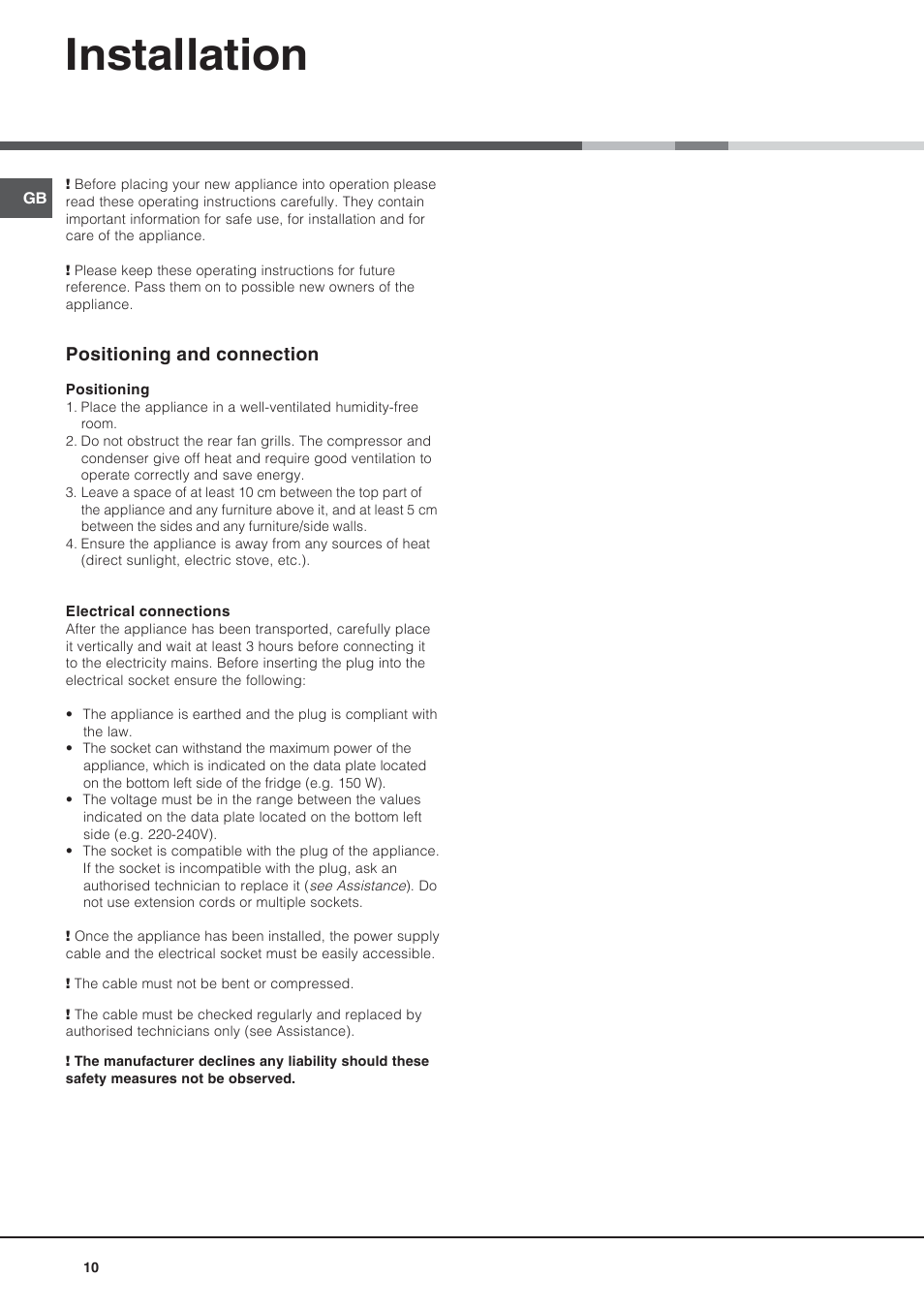 Installation, Positioning and connection | Ariston BD 2421 User Manual | Page 10 / 48