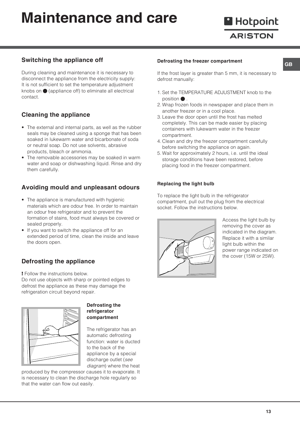 Maintenance and care | Ariston BD 2421 User Manual | Page 13 / 48