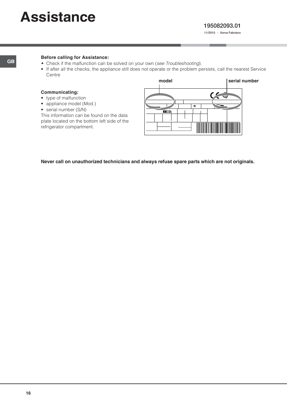 Assistance, Model serial number | Ariston BD 2421 User Manual | Page 16 / 48