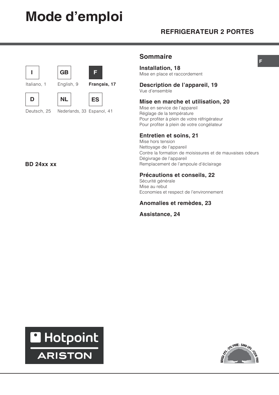 82093fr, Mode d’emploi, Refrigerateur 2 portes | Sommaire | Ariston BD 2421 User Manual | Page 17 / 48