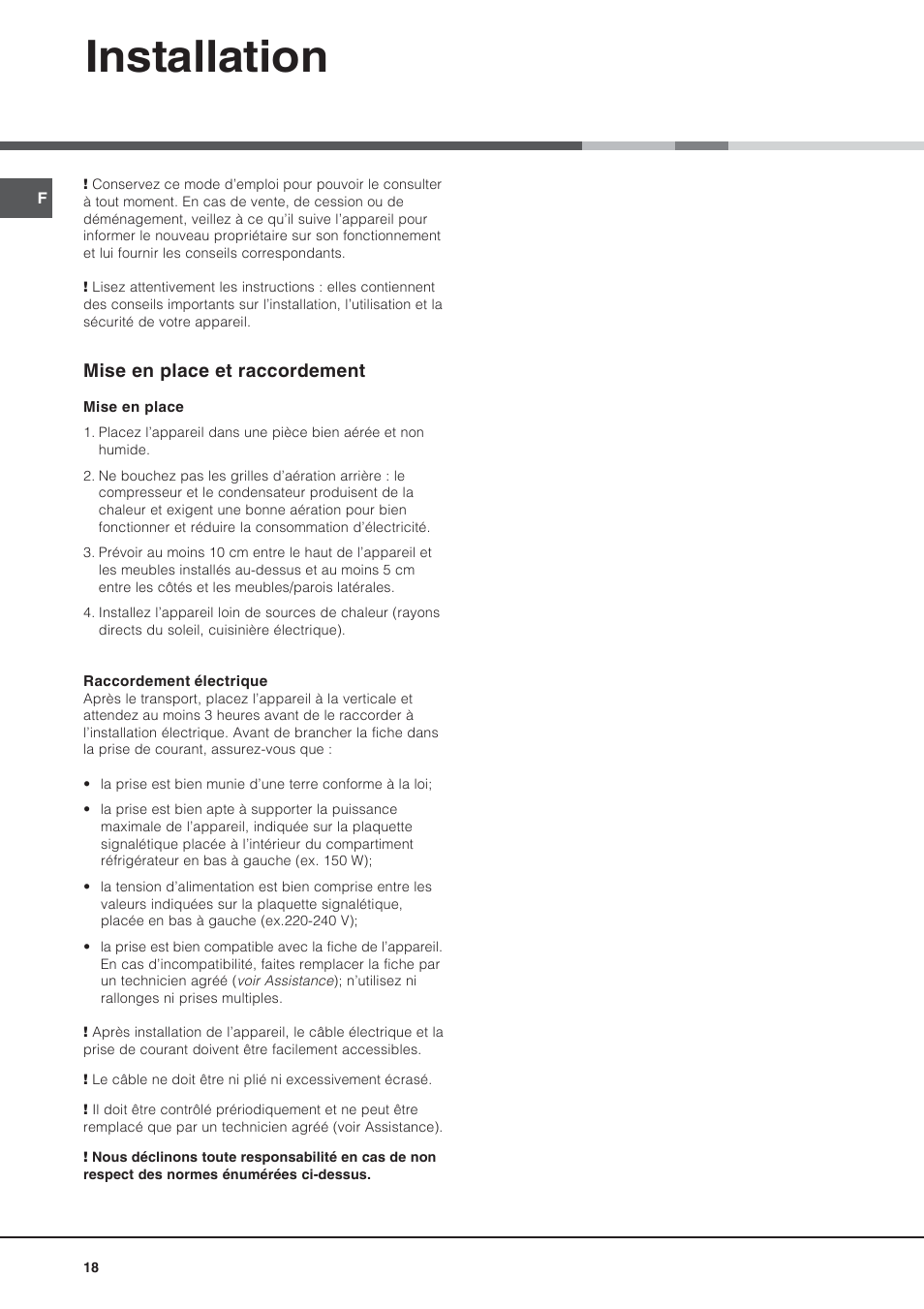 Installation, Mise en place et raccordement | Ariston BD 2421 User Manual | Page 18 / 48