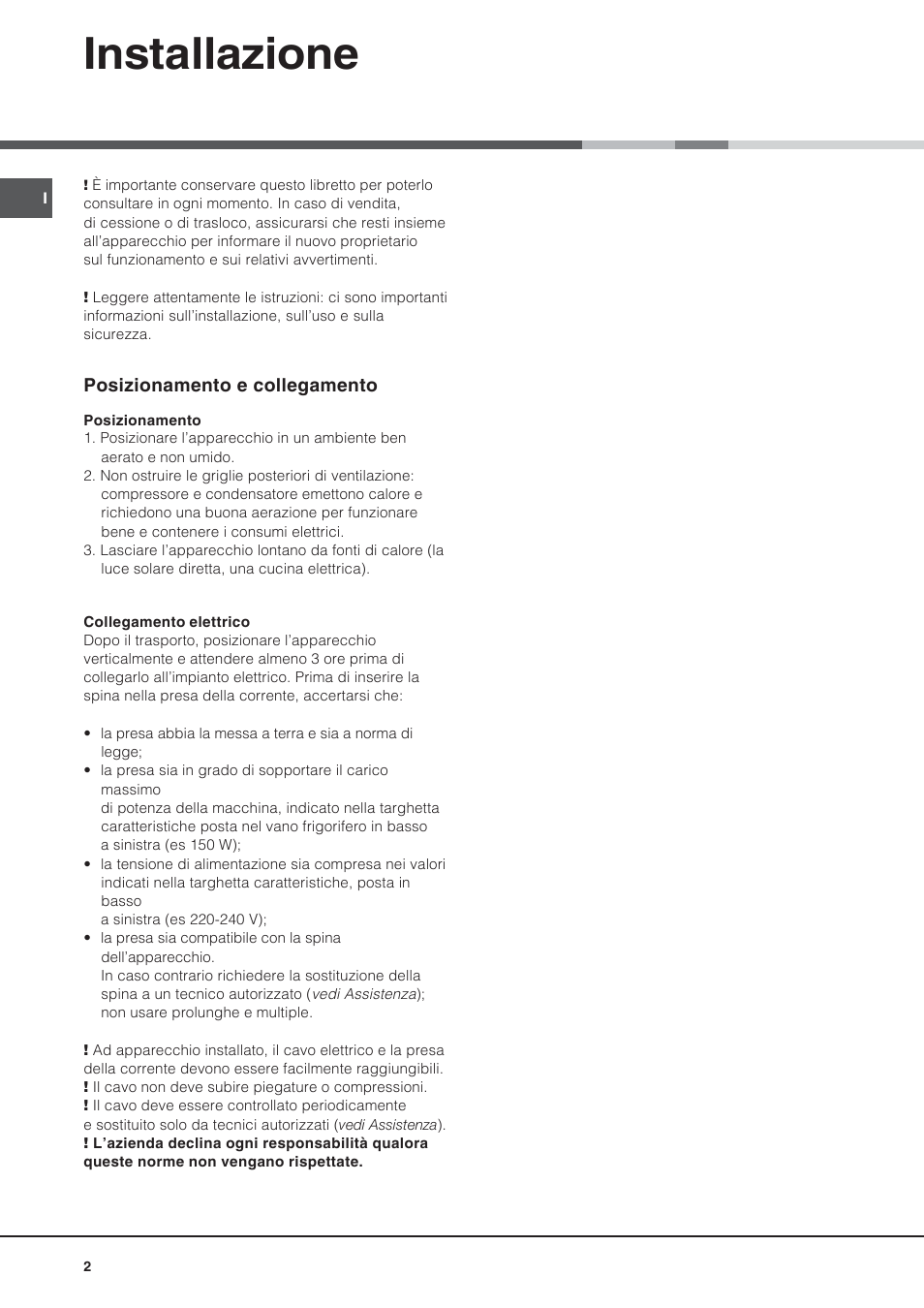 Installazione | Ariston BD 2421 User Manual | Page 2 / 48
